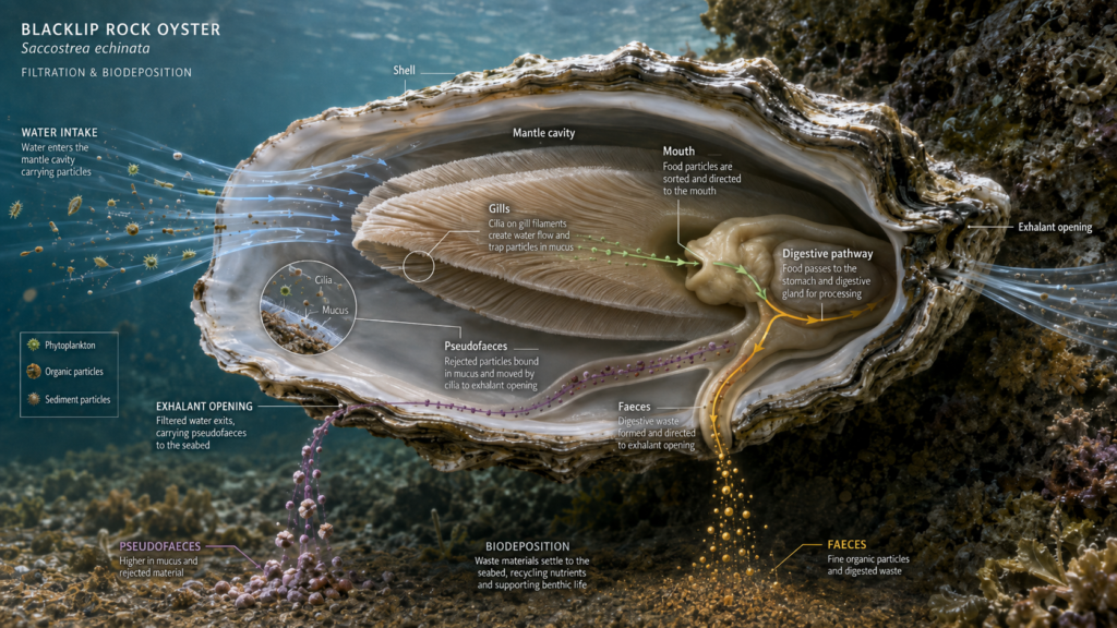 Cutaway illustration showing how a Blacklip Rock Oyster filters water, consumes particles and deposits waste onto the seabed.
